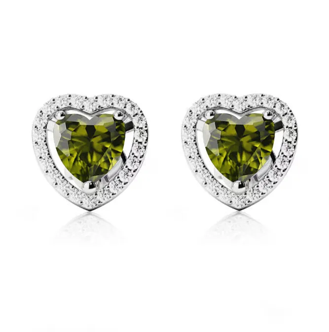 10k White Gold Plated 3 Ct Created Halo Heart Peridot Stud Earrings