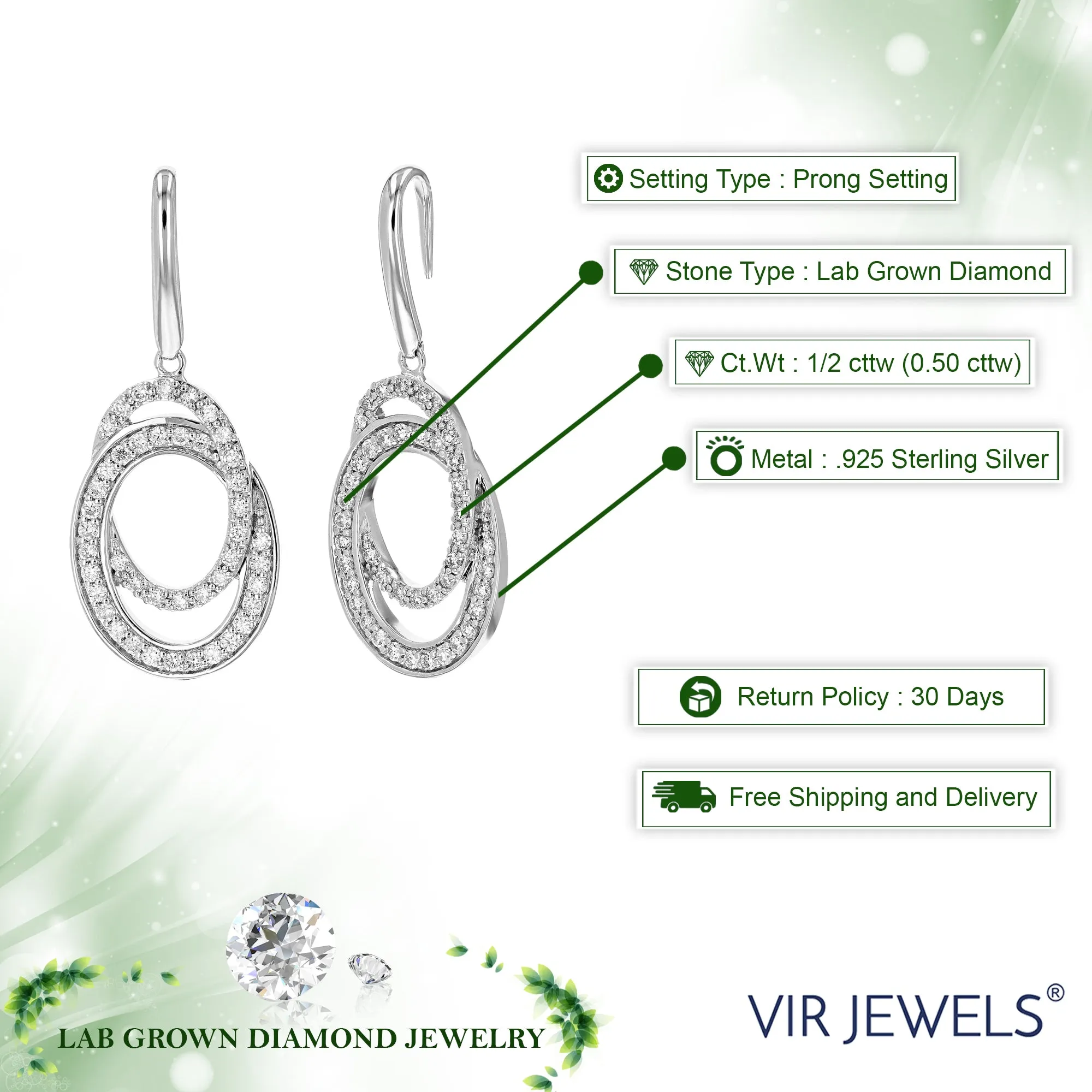 1/2 cttw Round Cut Lab Grown Diamond Dangle Earring in .925 Sterling Silver Prong Set 1 Inch