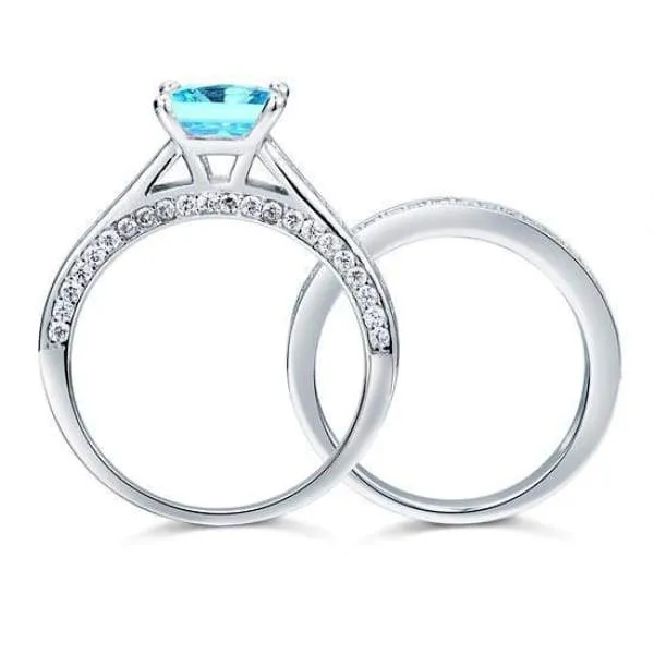 1.5 Carat Princess 2-Pcs Fancy Blue Simulated Diamond 925 Sterling Silver Wedding Engagement Ring Set