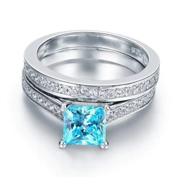 1.5 Carat Princess 2-Pcs Fancy Blue Simulated Diamond 925 Sterling Silver Wedding Engagement Ring Set