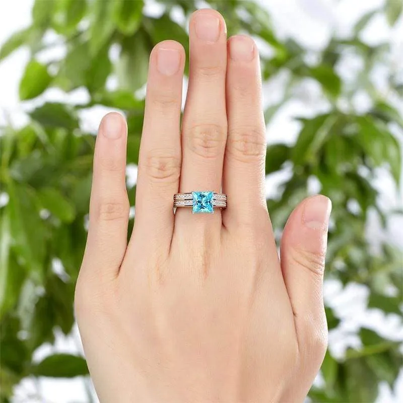 1.5 Carat Princess 2-Pcs Fancy Blue Simulated Diamond 925 Sterling Silver Wedding Engagement Ring Set