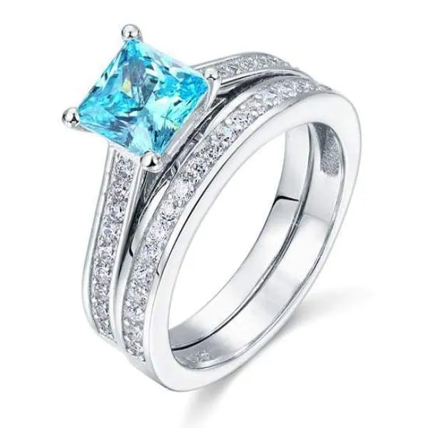 1.5 Carat Princess 2-Pcs Fancy Blue Simulated Diamond 925 Sterling Silver Wedding Engagement Ring Set