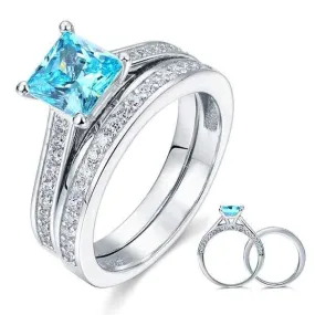 1.5 Carat Princess 2-Pcs Fancy Blue Simulated Diamond 925 Sterling Silver Wedding Engagement Ring Set
