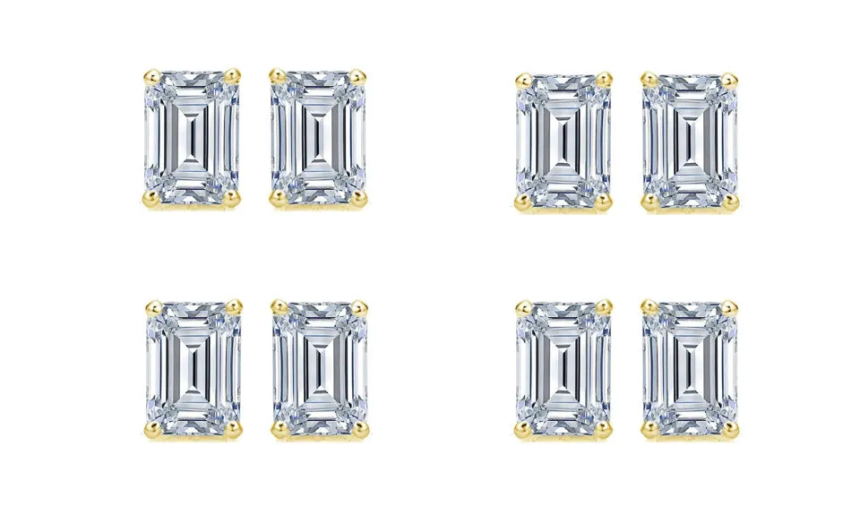 18k Yellow Gold 4mm 1Ct Emerald Cut White Sapphire Set Of Four Stud Earrings Plated