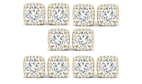 18k Yellow Gold 6mm 2Ct Cushion Cut White Sapphire Set Of Five Halo Stud Earrings Plated