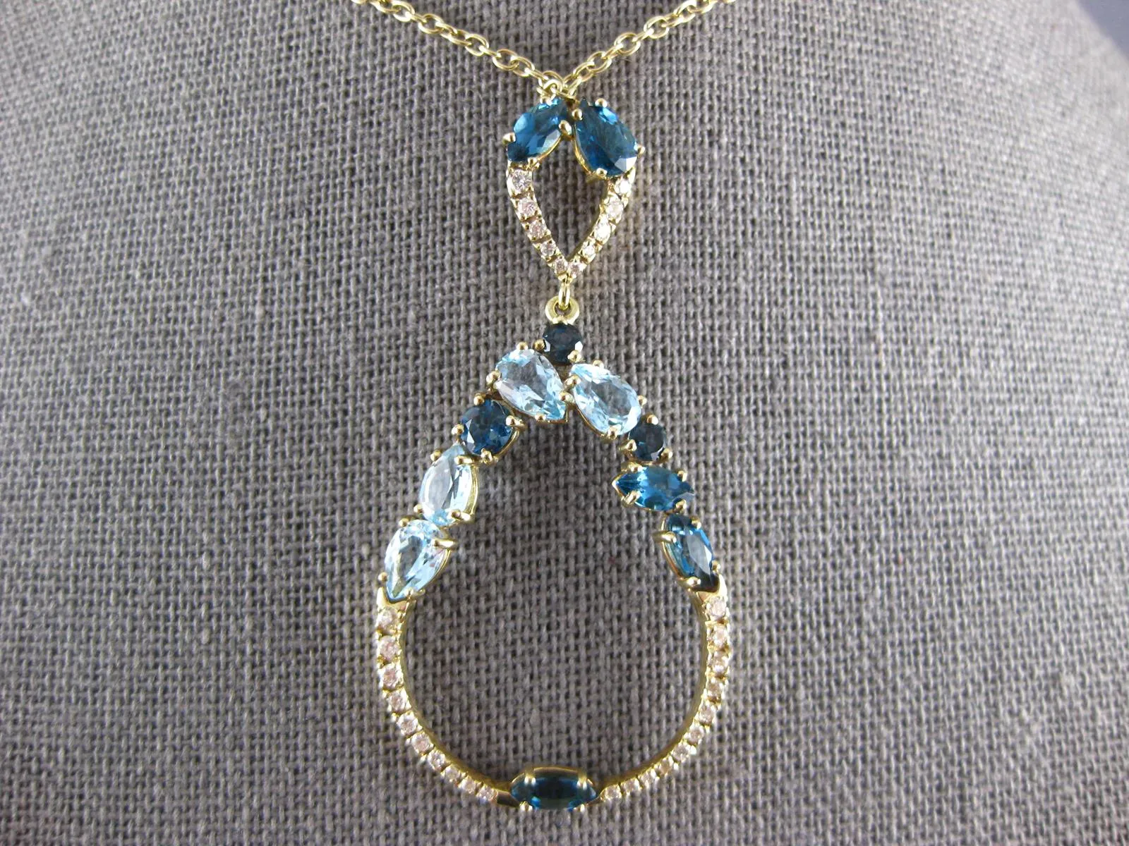 2.05CT DIAMOND & AAA BLUE TOPAZ 14KT 2 TONE GOLD TEAR DROP BY THE YARD NECKLACE