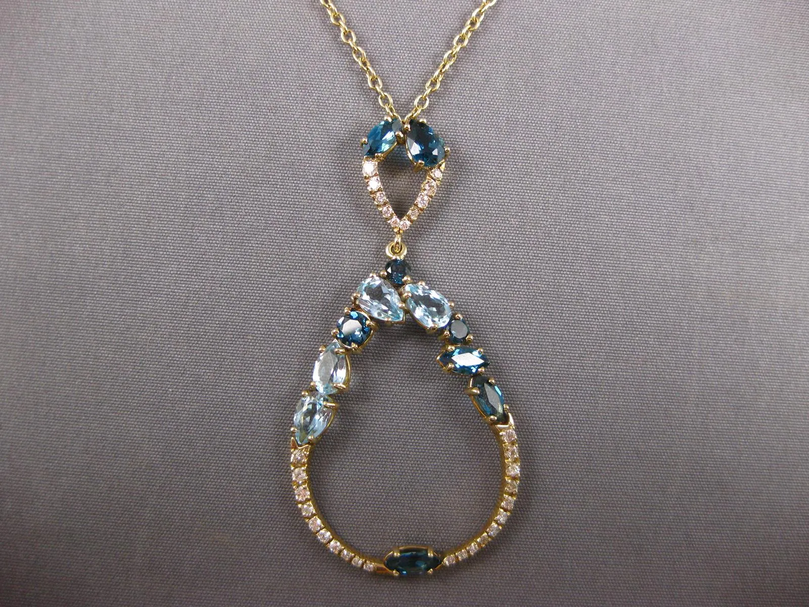 2.05CT DIAMOND & AAA BLUE TOPAZ 14KT 2 TONE GOLD TEAR DROP BY THE YARD NECKLACE