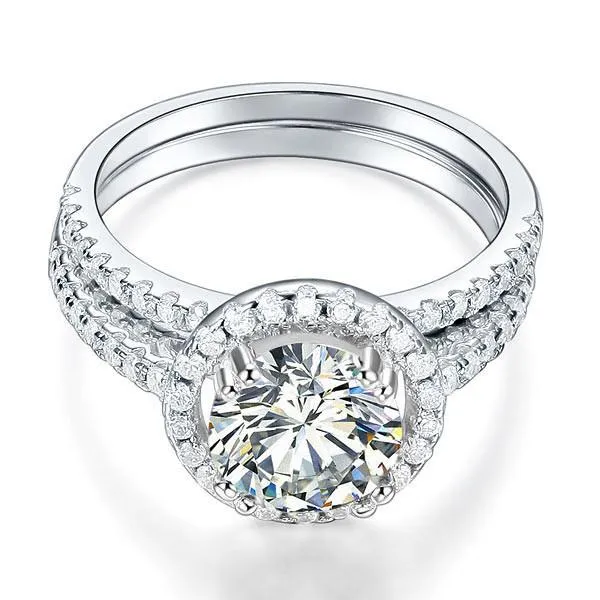 925 Sterling Silver Wedding Halo Ring Set 2 Carat Simulated Diamond