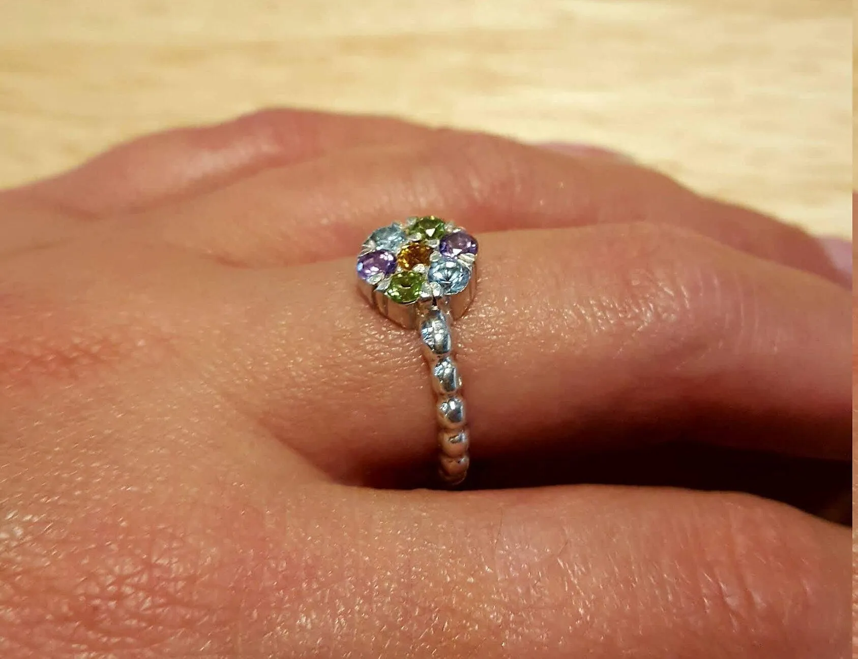 Citrine Flower Ring - Multistone Silver Ring - Colorful Daisy Ring