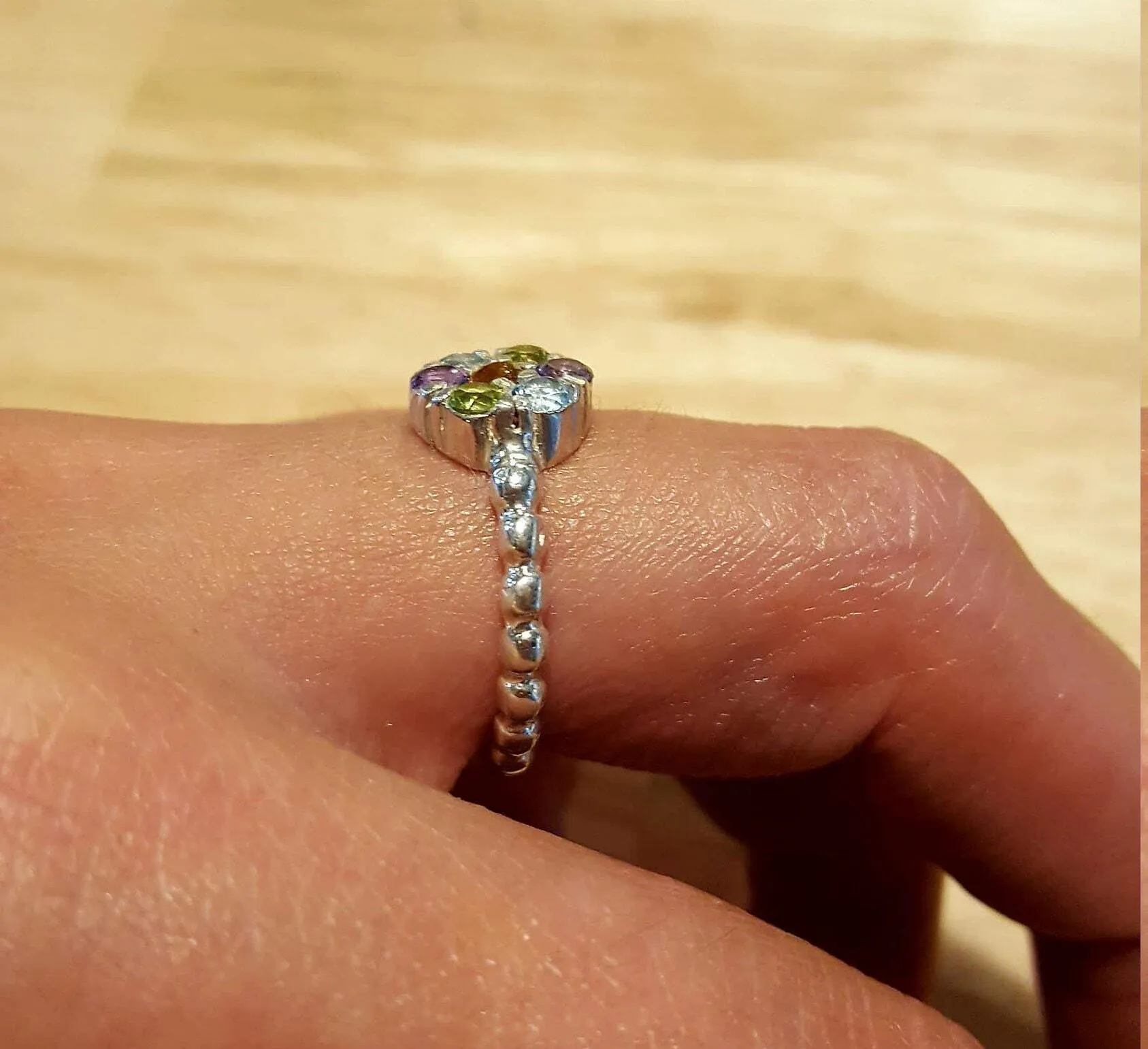 Citrine Flower Ring - Multistone Silver Ring - Colorful Daisy Ring