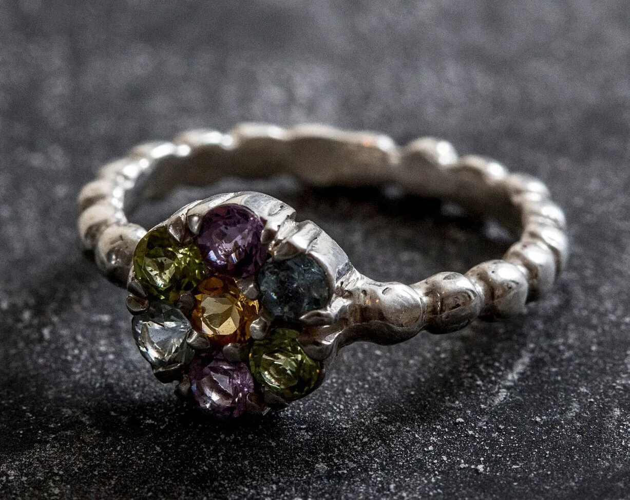 Citrine Flower Ring - Multistone Silver Ring - Colorful Daisy Ring