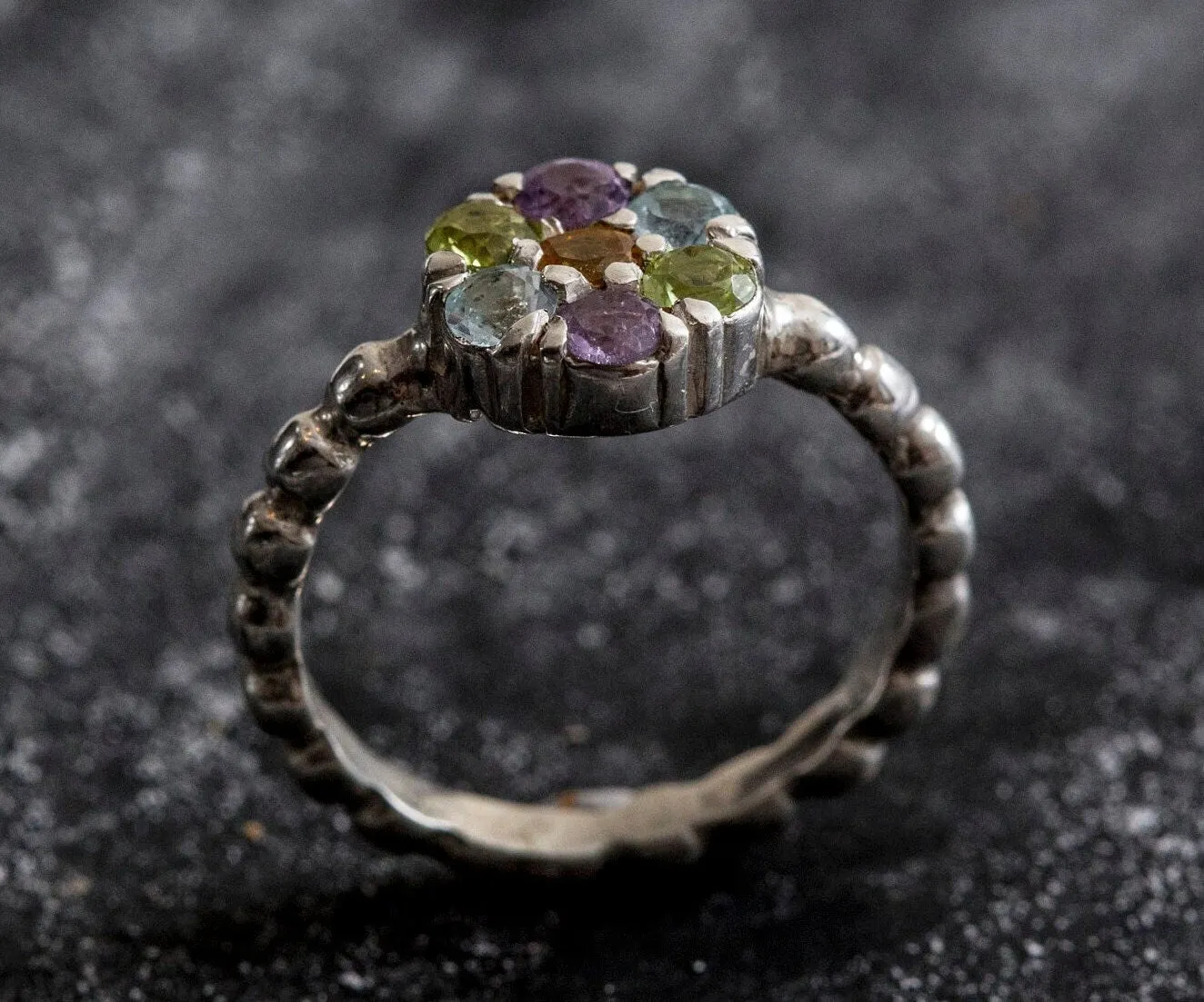 Citrine Flower Ring - Multistone Silver Ring - Colorful Daisy Ring