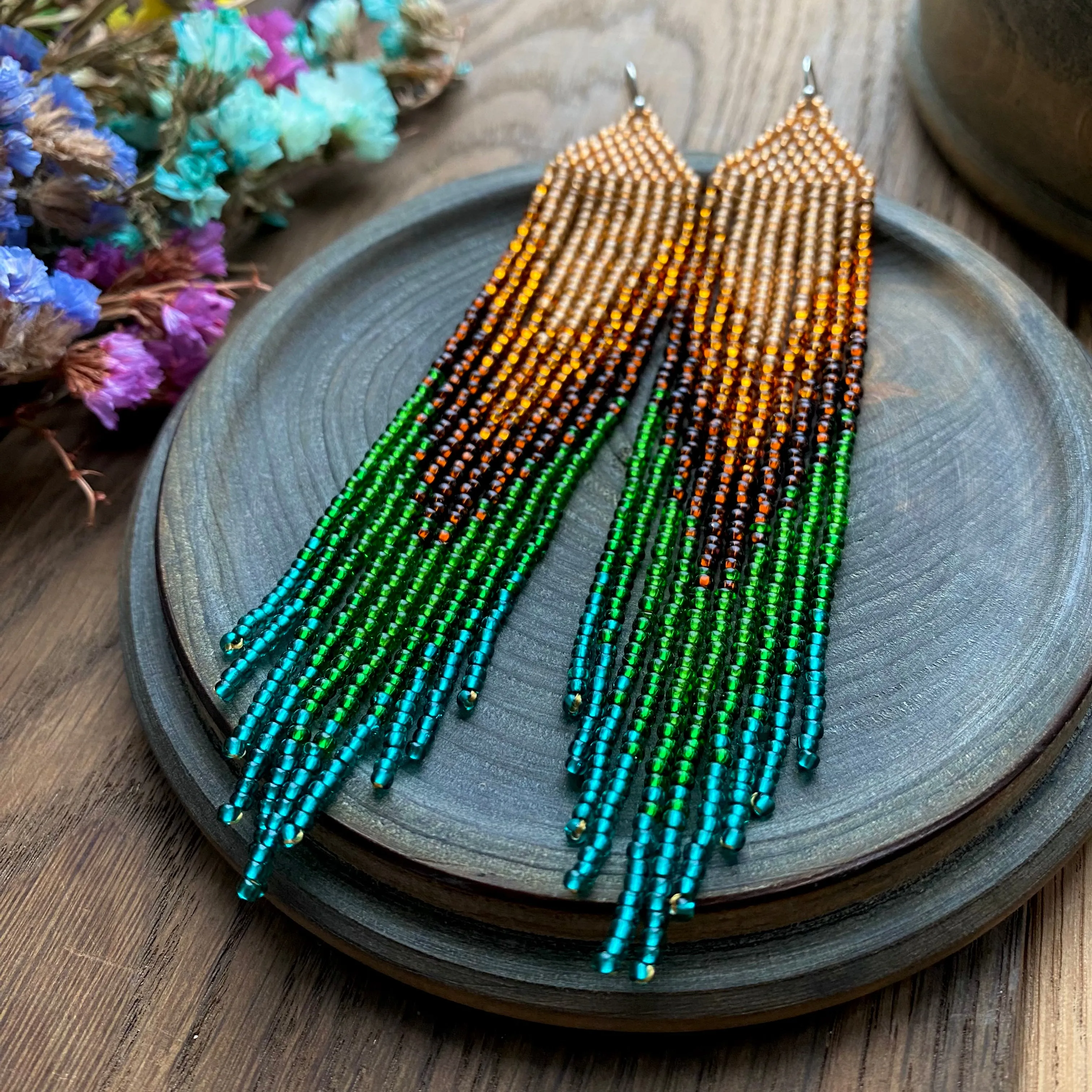 Earthy Ombre Seed Bead Fringe Chandelier Earrings, Boho Emerald Green Brown Gold beaded Earrings, Very Long Dangle Peacock Feathers Earring, Statement Earrings