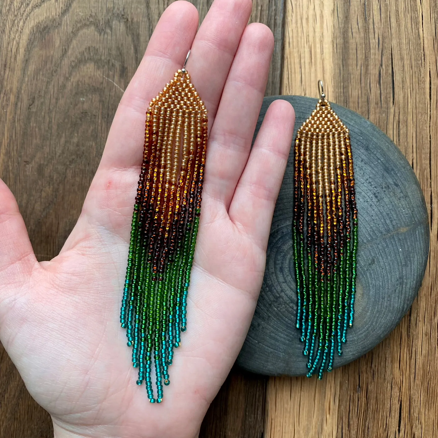 Earthy Ombre Seed Bead Fringe Chandelier Earrings, Boho Emerald Green Brown Gold beaded Earrings, Very Long Dangle Peacock Feathers Earring, Statement Earrings