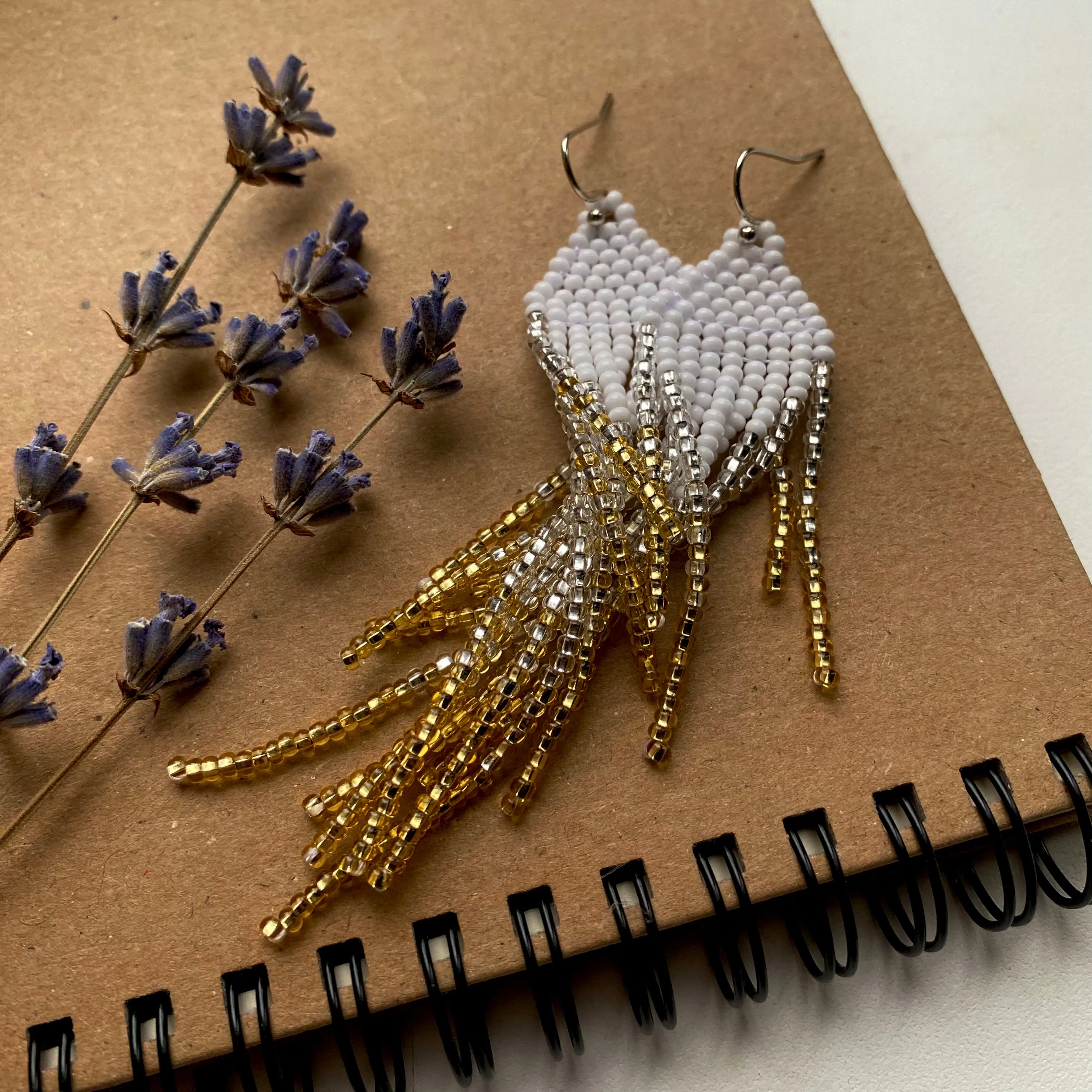 Handmade Statement Shiny and Sparkly White Silver Gold Seed Beaded Fringe Chandelier Earrings