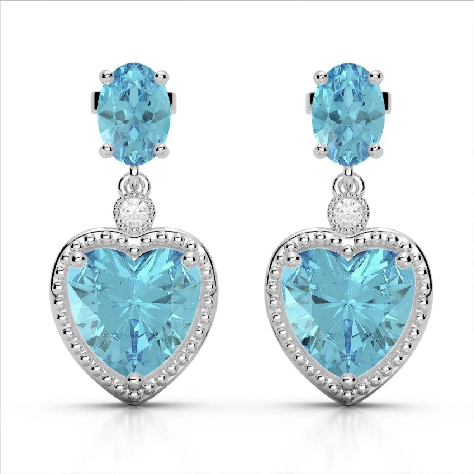 Heart Earrings and Necklace, 10K White Gold, 8CTW of Sky Blue Topaz and Diamonds