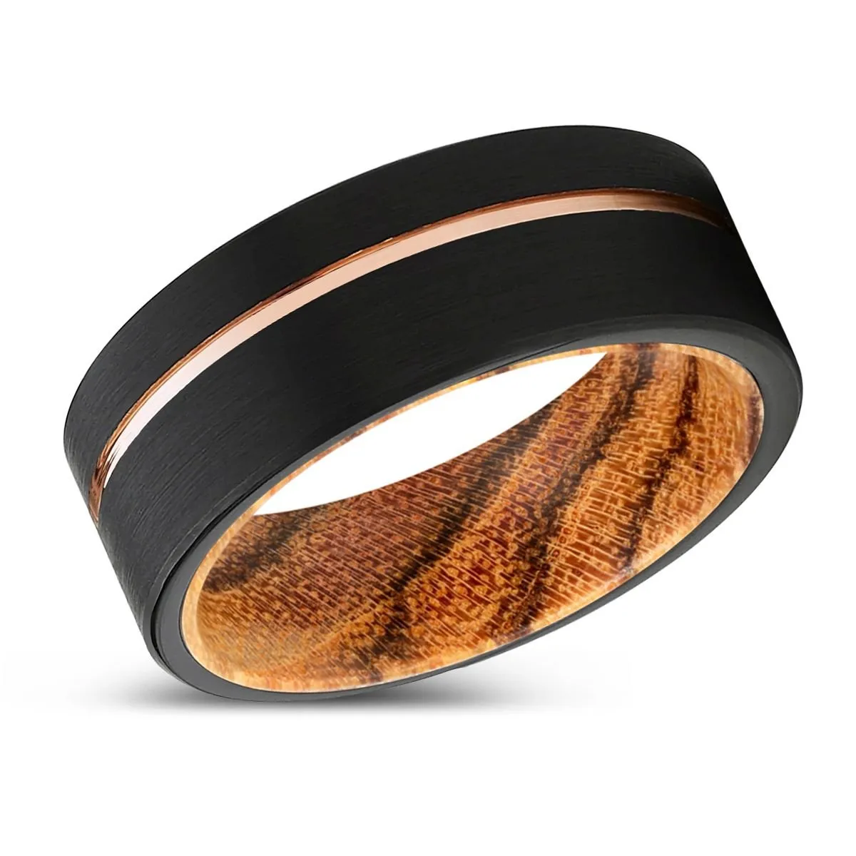 JESTER | Bocote Wood, Black Tungsten Ring, Rose Gold Offset Groove, Brushed, Flat