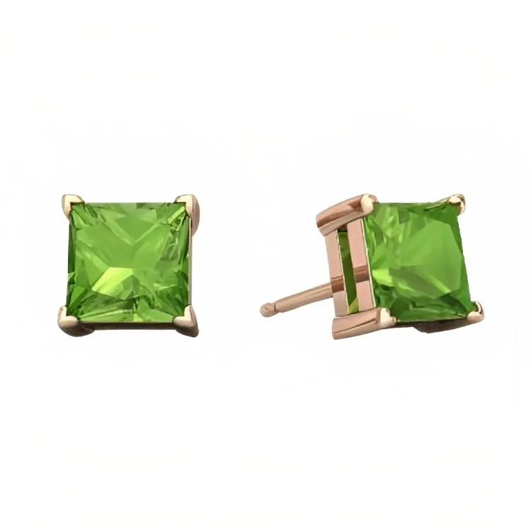 Paris Jewelry 18k Rose Gold 2 Pair Created Peridot 4mm, 6mm Round & Princess Cut Stud Earrings Plated