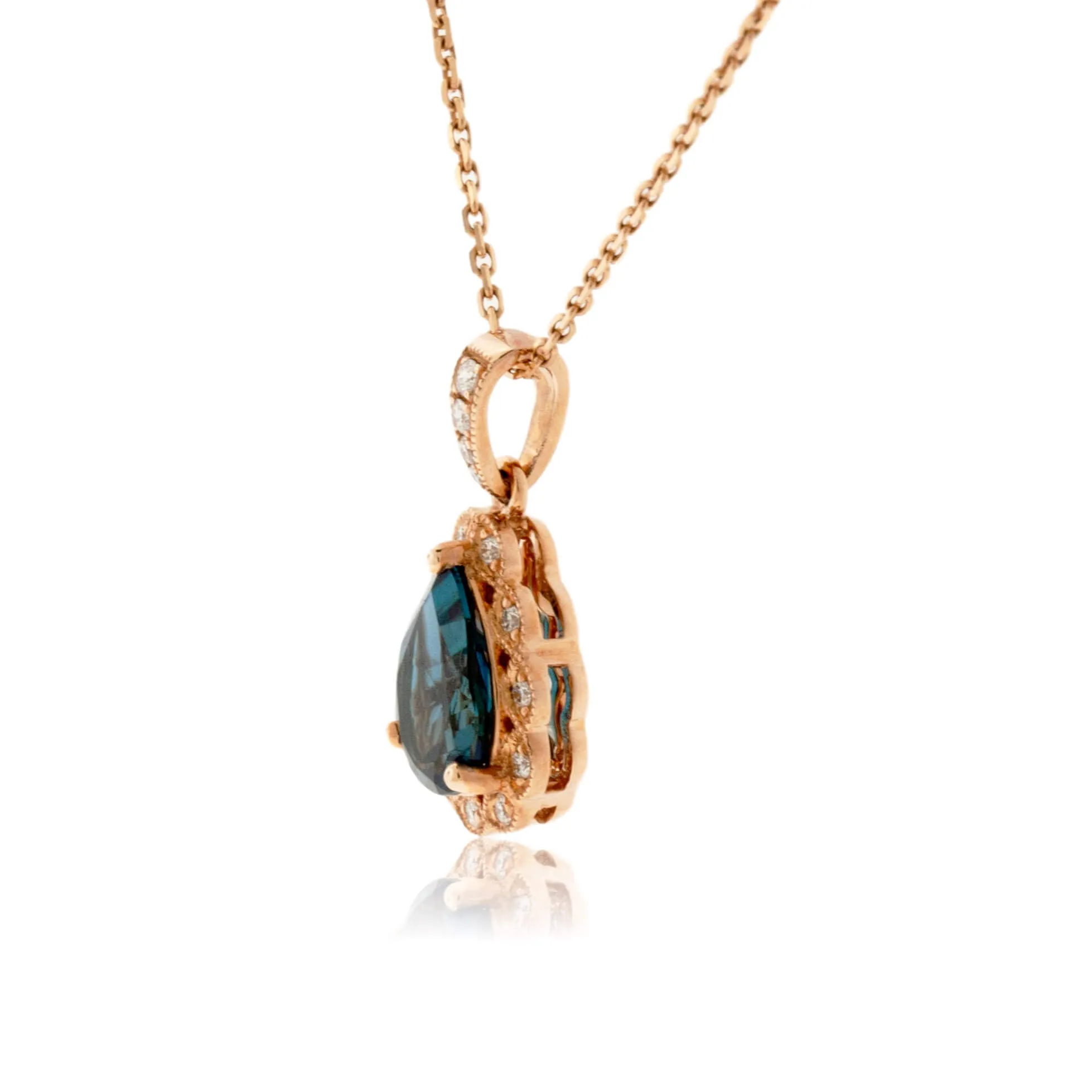 Pear Shaped London Blue Topaz & Diamond Pendant with Chain