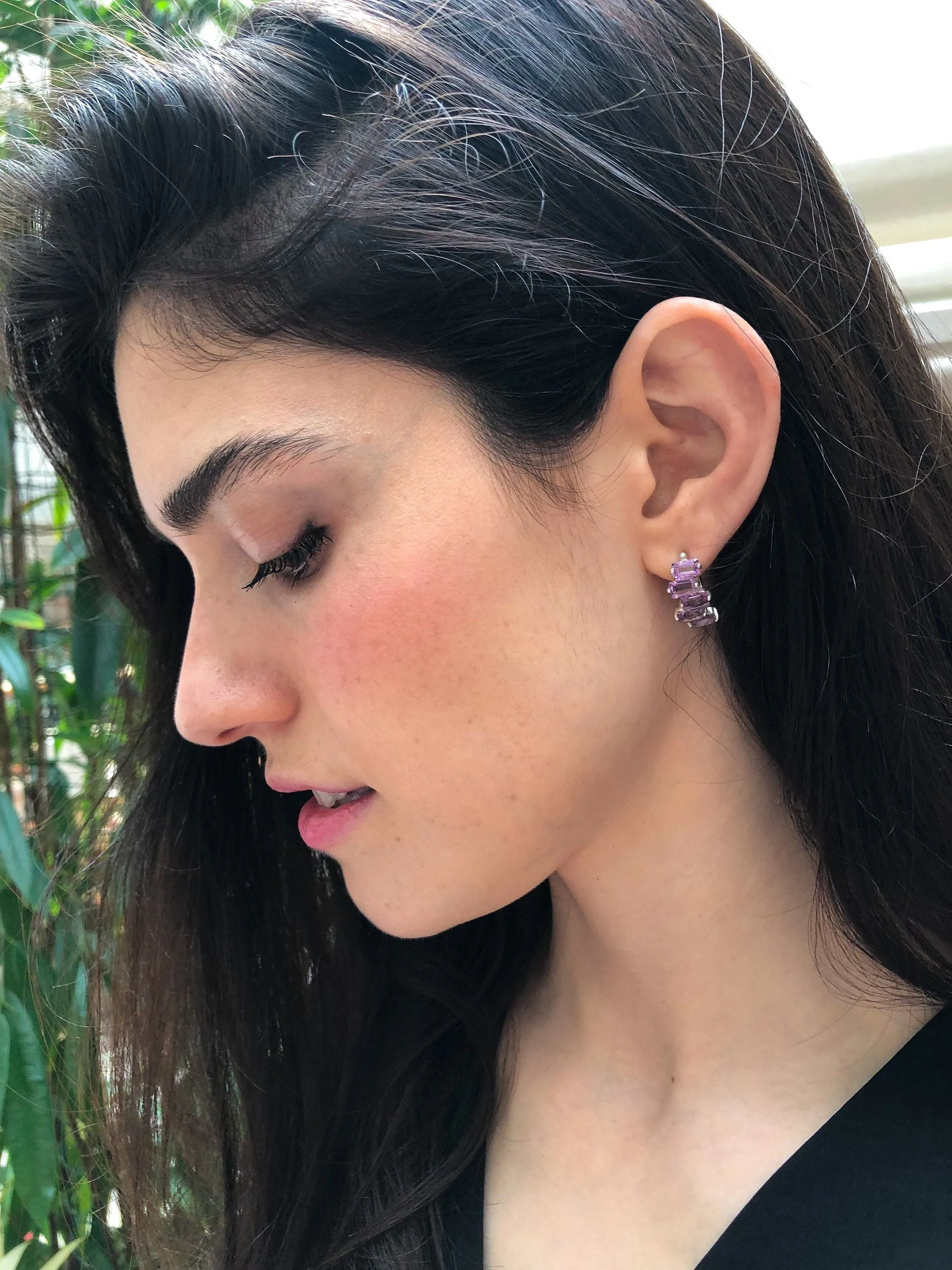 Peridot Earrings - Half Hoops Earrings - Green Baguette Earrings