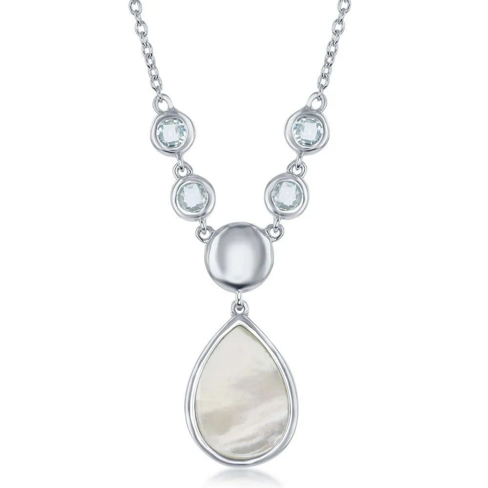 Sterling Silver Bezel Set Blue Topaz and Teardrop Mother of Pearl Necklace (91969)
