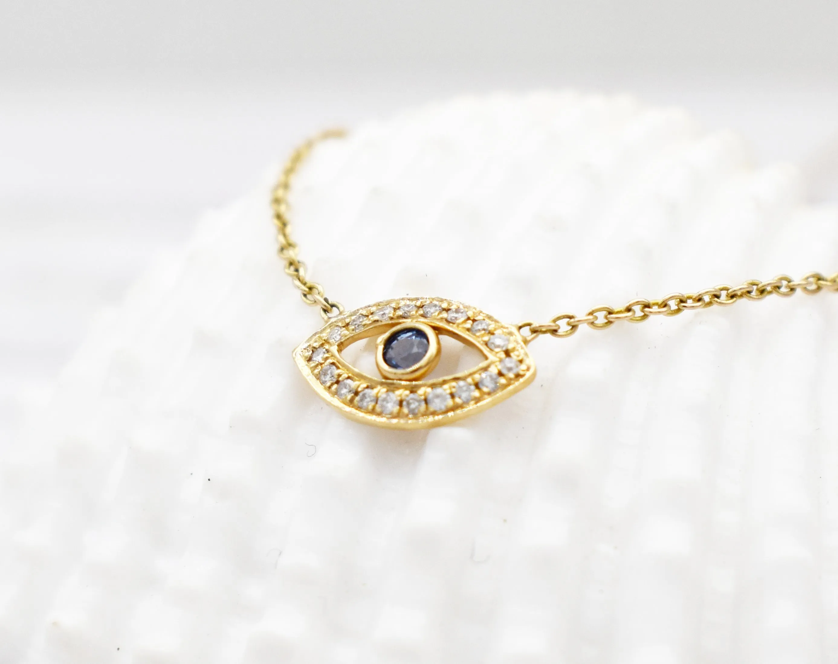 Stunning Blue Topaz| Diamond| Evil eye necklace| Oval-shaped pendant| 10K|14K|18K Solid Yellow gold|
