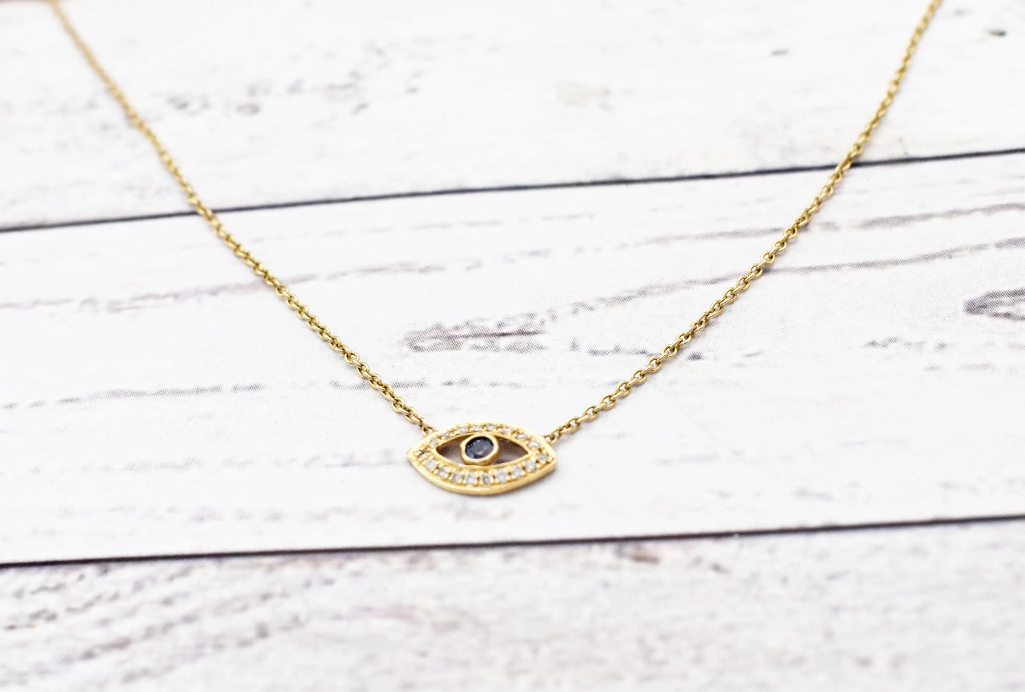 Stunning Blue Topaz| Diamond| Evil eye necklace| Oval-shaped pendant| 10K|14K|18K Solid Yellow gold|