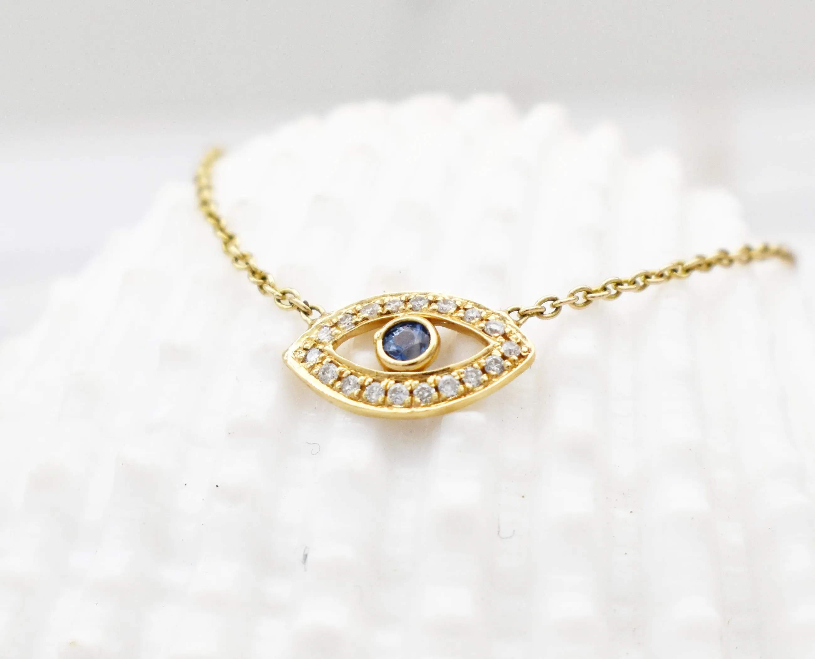 Stunning Blue Topaz| Diamond| Evil eye necklace| Oval-shaped pendant| 10K|14K|18K Solid Yellow gold|