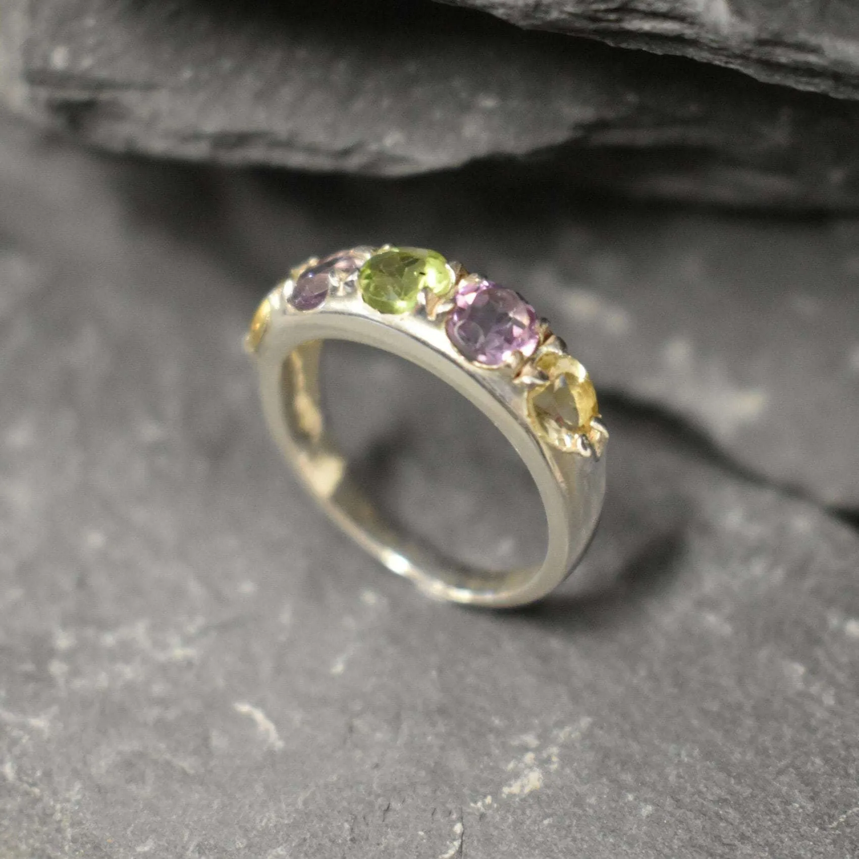 Thick Mutistone Band - Wide Birthstone Band, Peridot Amethyst Citrine Ring