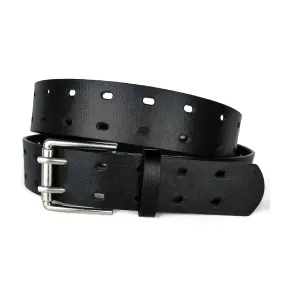 Unisex Solid Color PU Belts Vintage Double Pin Buckle Hollow Out Waistband Trendy Adjustable Jeans Pants Belt For Women & Men