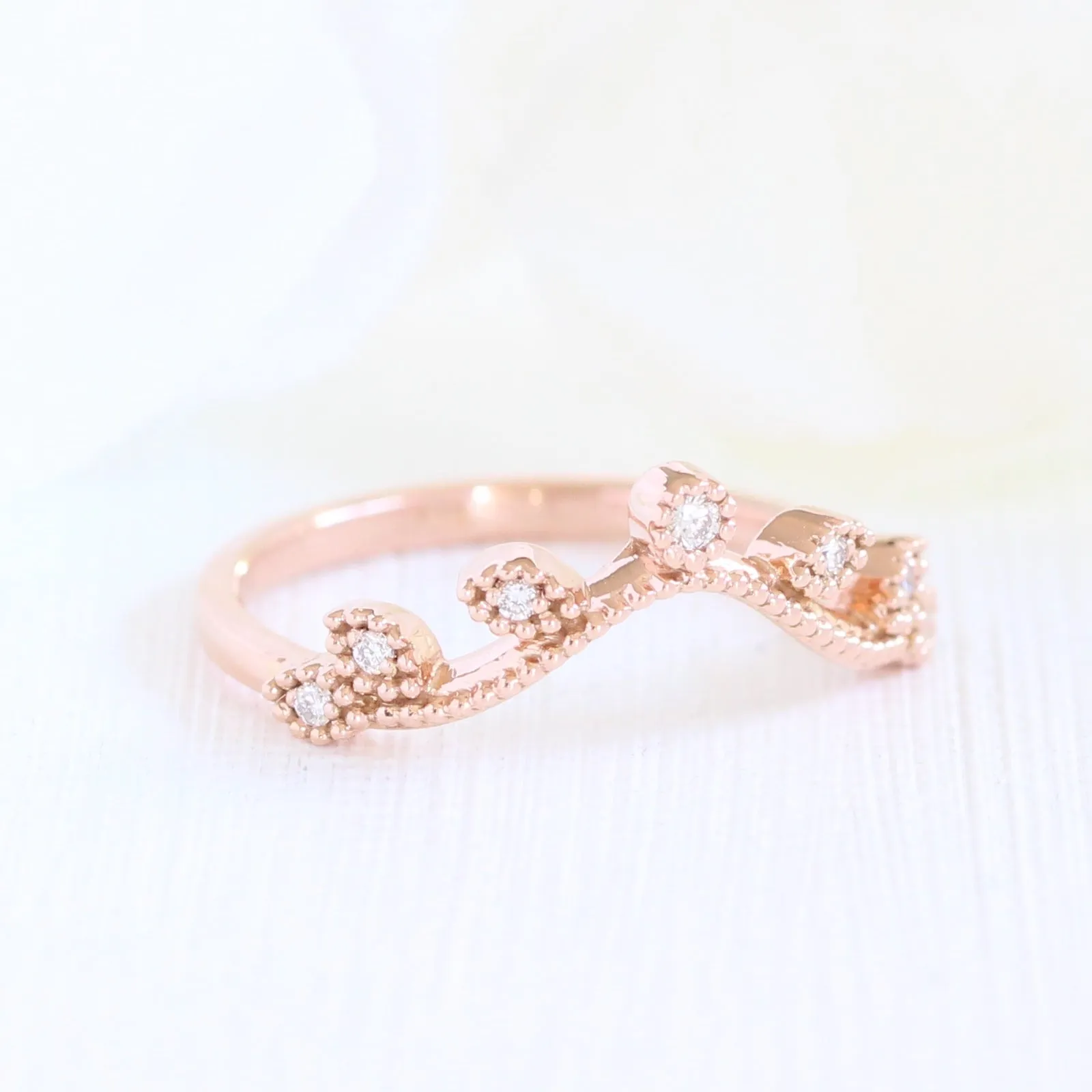 Vintage Floral Oval Ring Bridal Set w/ Peach Sapphire and Curved Leaf Diamond Band