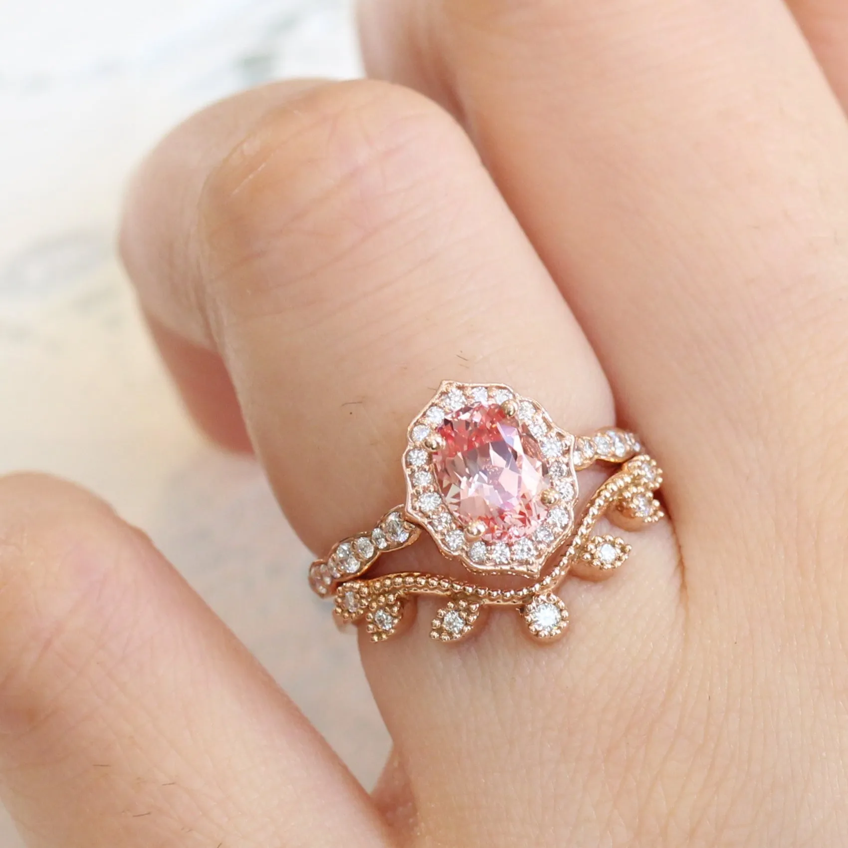 Vintage Floral Oval Ring Bridal Set w/ Peach Sapphire and Curved Leaf Diamond Band
