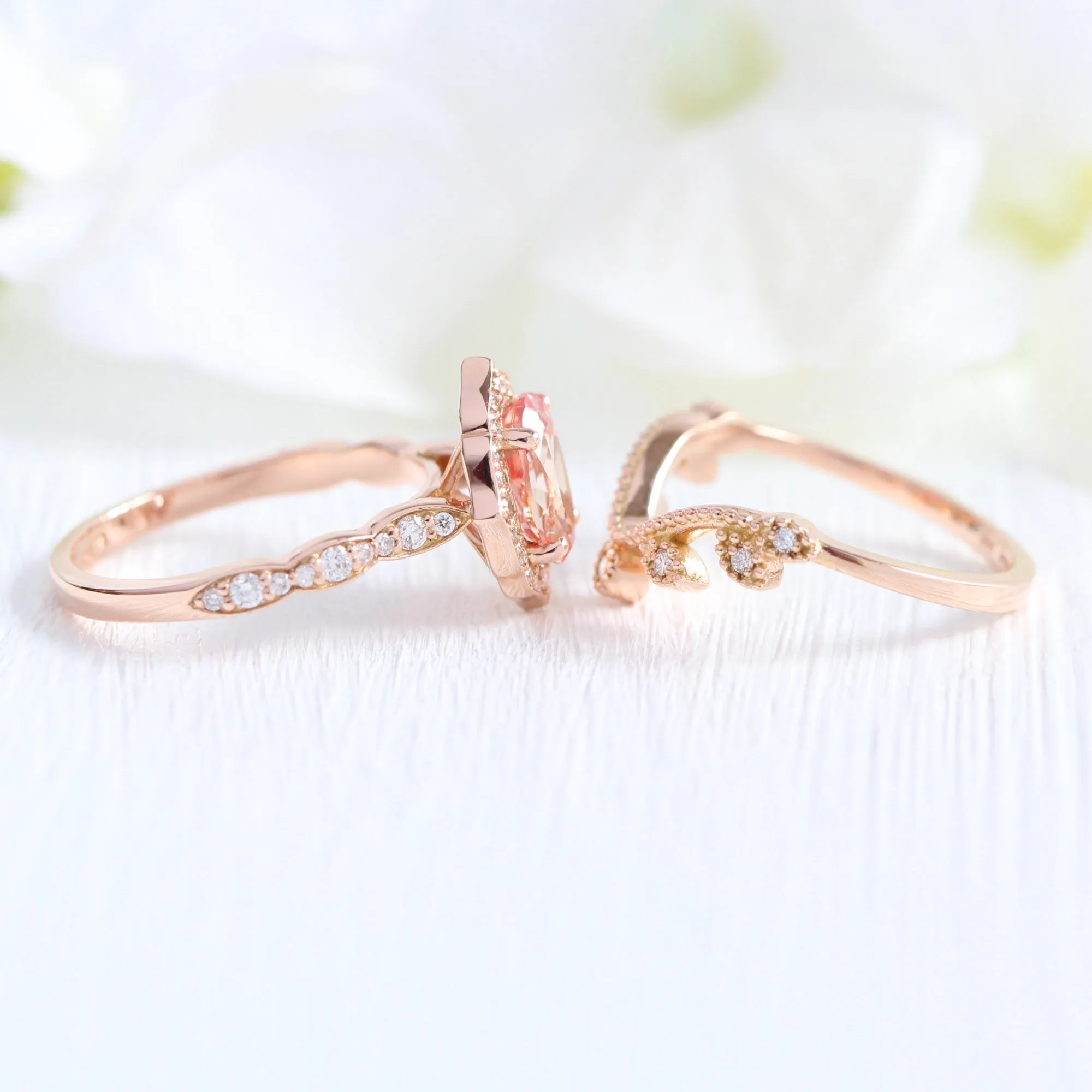 Vintage Floral Oval Ring Bridal Set w/ Peach Sapphire and Curved Leaf Diamond Band