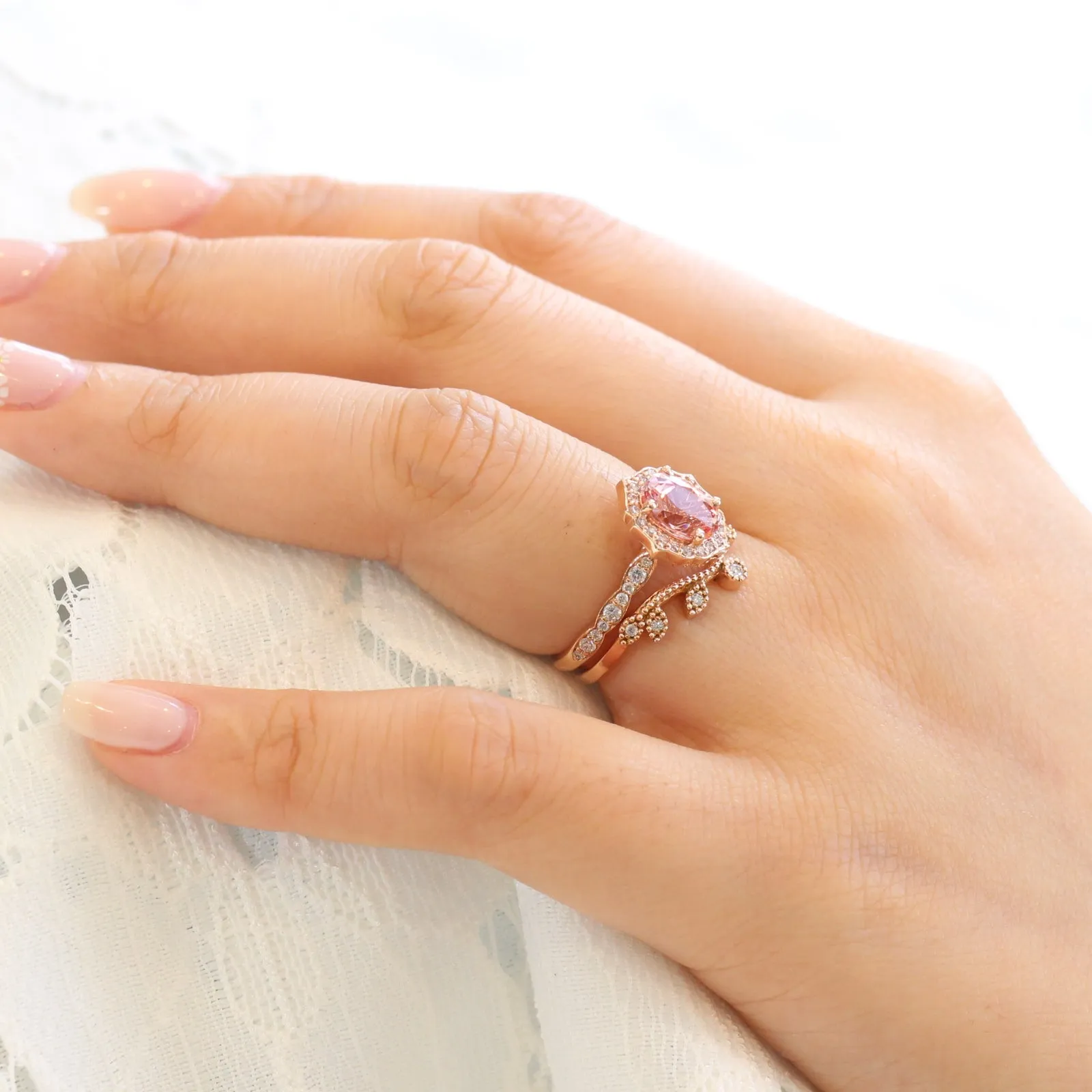 Vintage Floral Oval Ring Bridal Set w/ Peach Sapphire and Curved Leaf Diamond Band