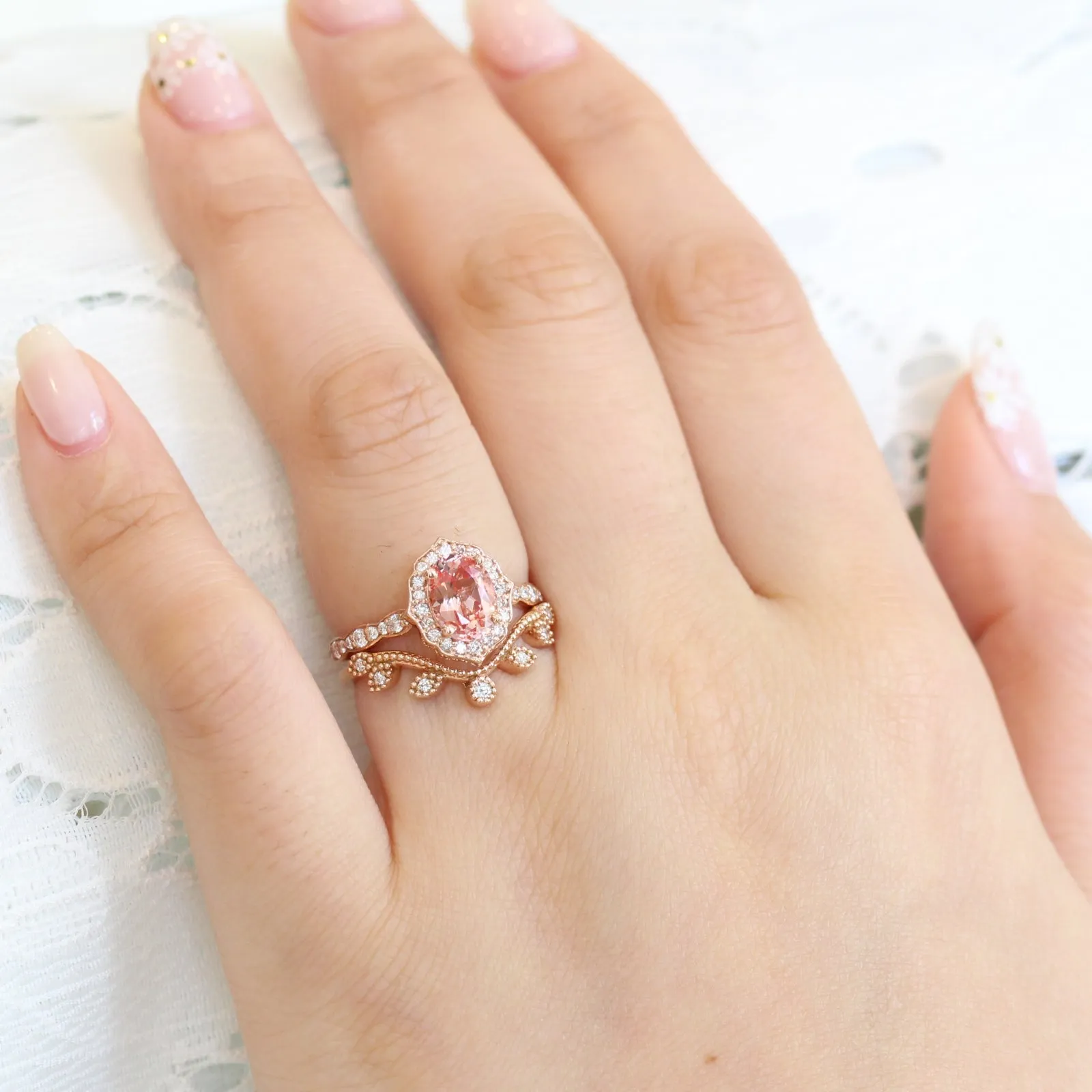 Vintage Floral Oval Ring Bridal Set w/ Peach Sapphire and Curved Leaf Diamond Band