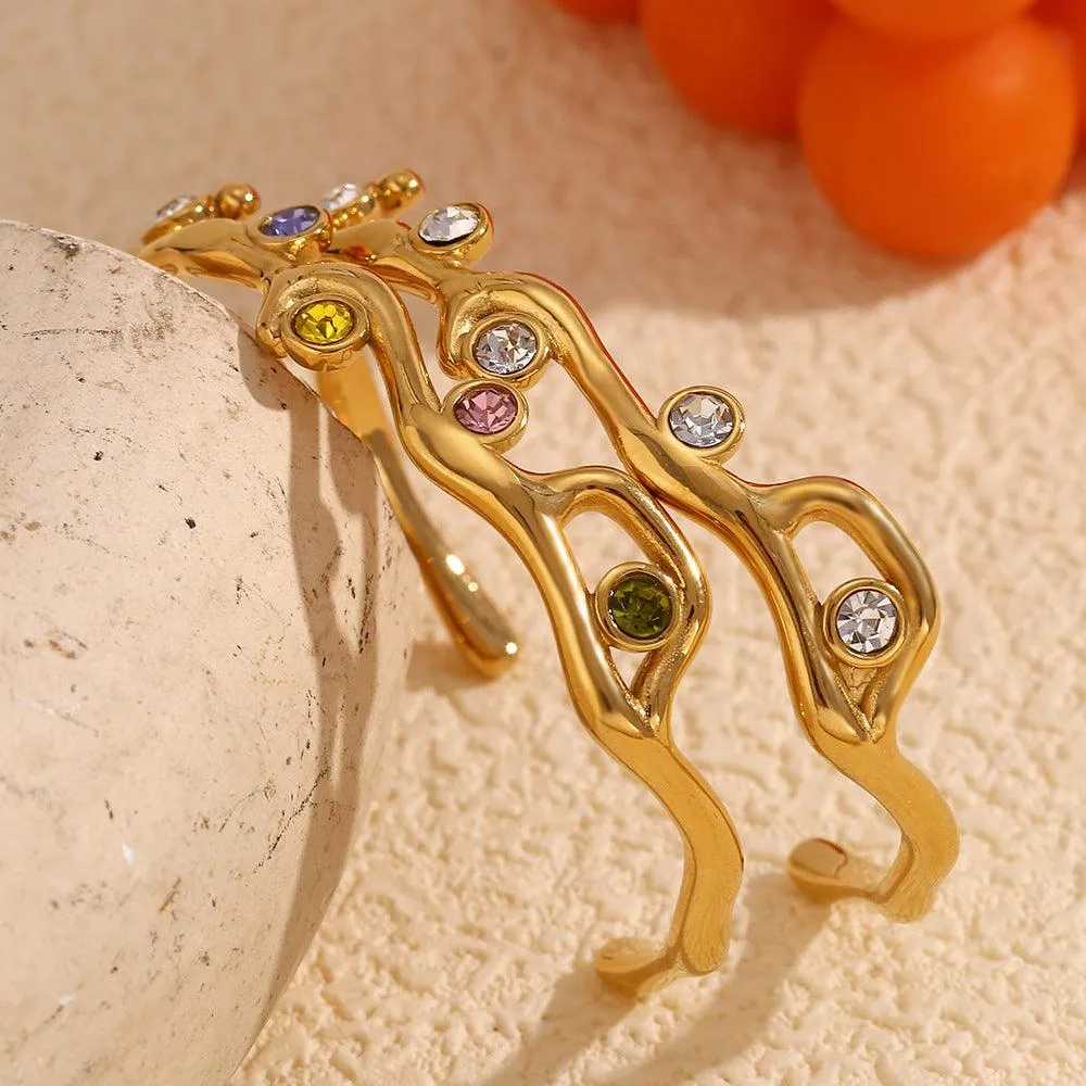 Vintage Gold-Plated Cuff Bracelet with Multicolored Crystals – Fashion Jewelry for Women