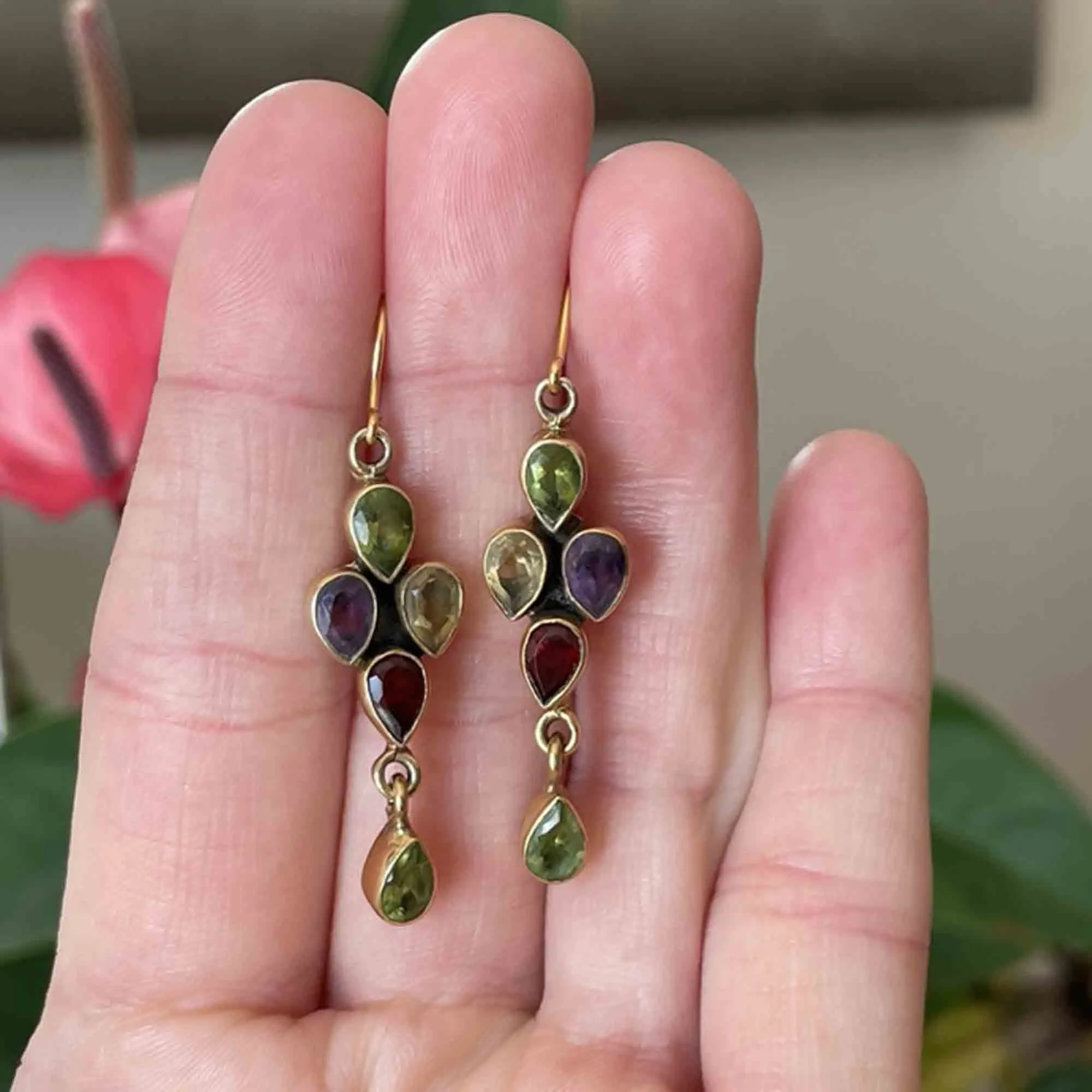 Vintage Peridot Amethyst Citrine Dangle Earrings